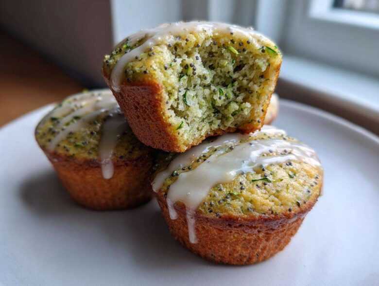 Close-up of three Lemon Poppy Seed Zucchini Muffins stacked, one cut open showing moist texture and zucchini shreds.