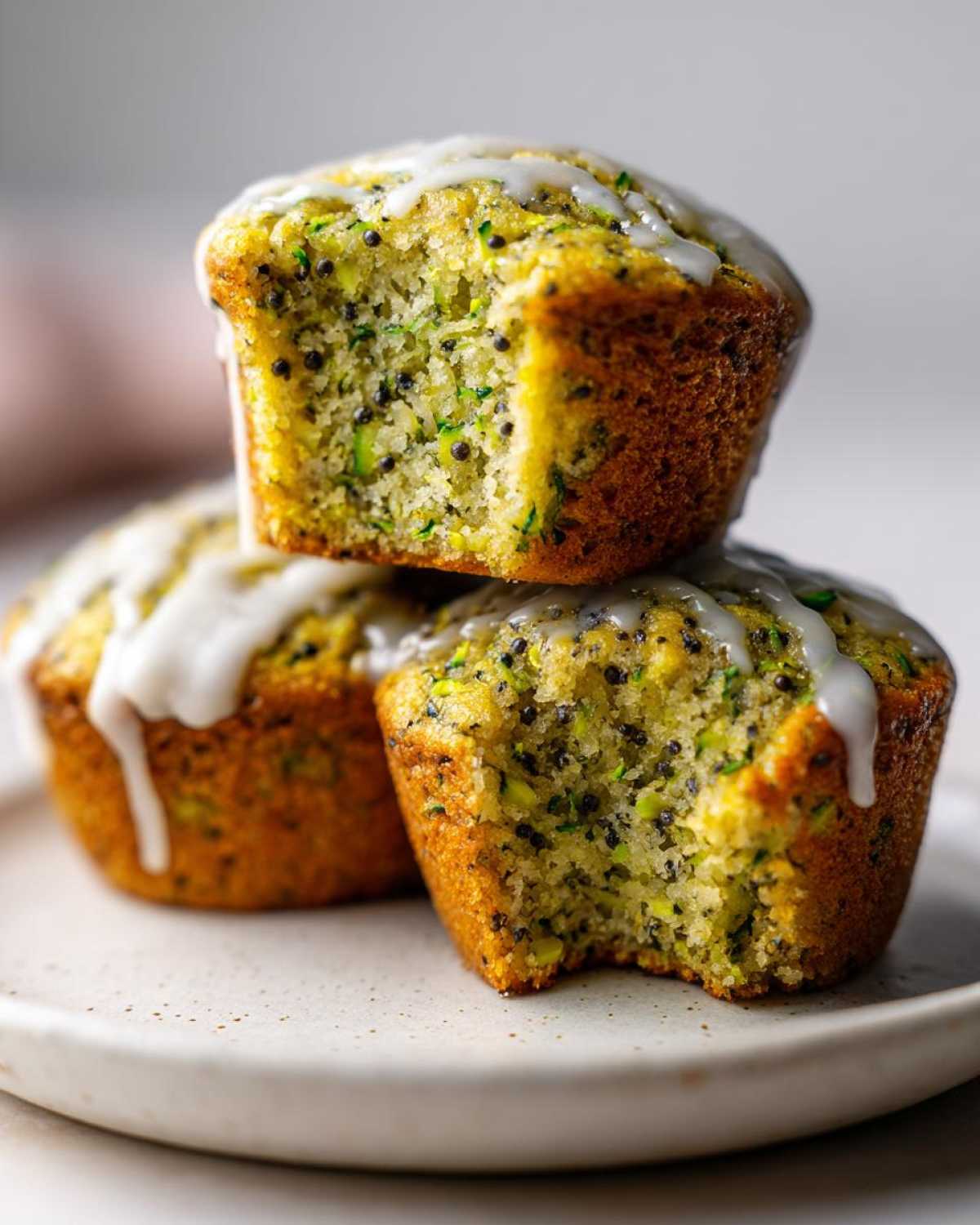Close-up of three Lemon Poppy Seed Zucchini Muffins stacked, showing the moist interior with shredded zucchini and poppy seeds, topped with lemon glaze.