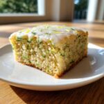 A square slice of moist Lemon Zucchini Bars with Glaze, topped with white icing and lemon zest, sitting on a white plate.