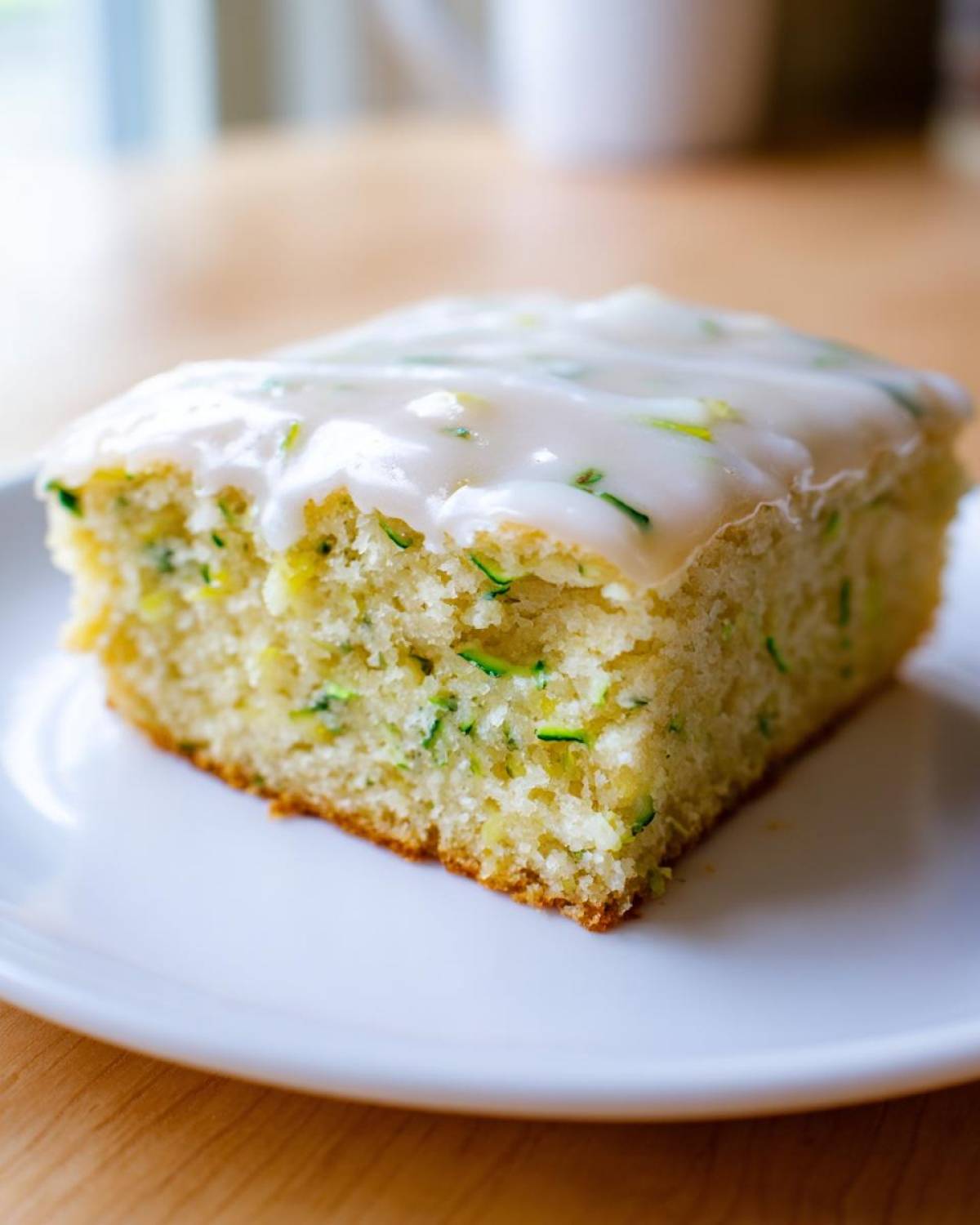 A close-up of a moist square slice of Lemon Zucchini Bars with Glaze, topped with white icing.