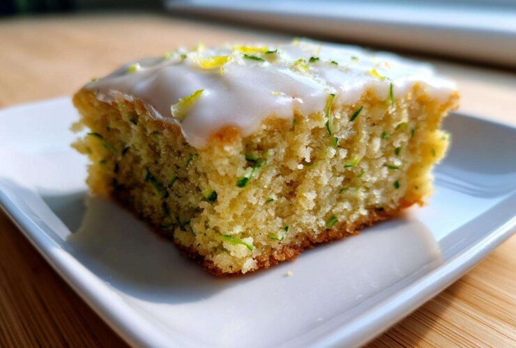 Close-up of a single square of Lemon Zucchini Bars with Glaze, showing the moist crumb and white icing topped with zest.