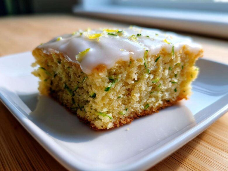 Close-up of a single square of Lemon Zucchini Bars with Glaze, showing the moist crumb and white icing topped with zest.