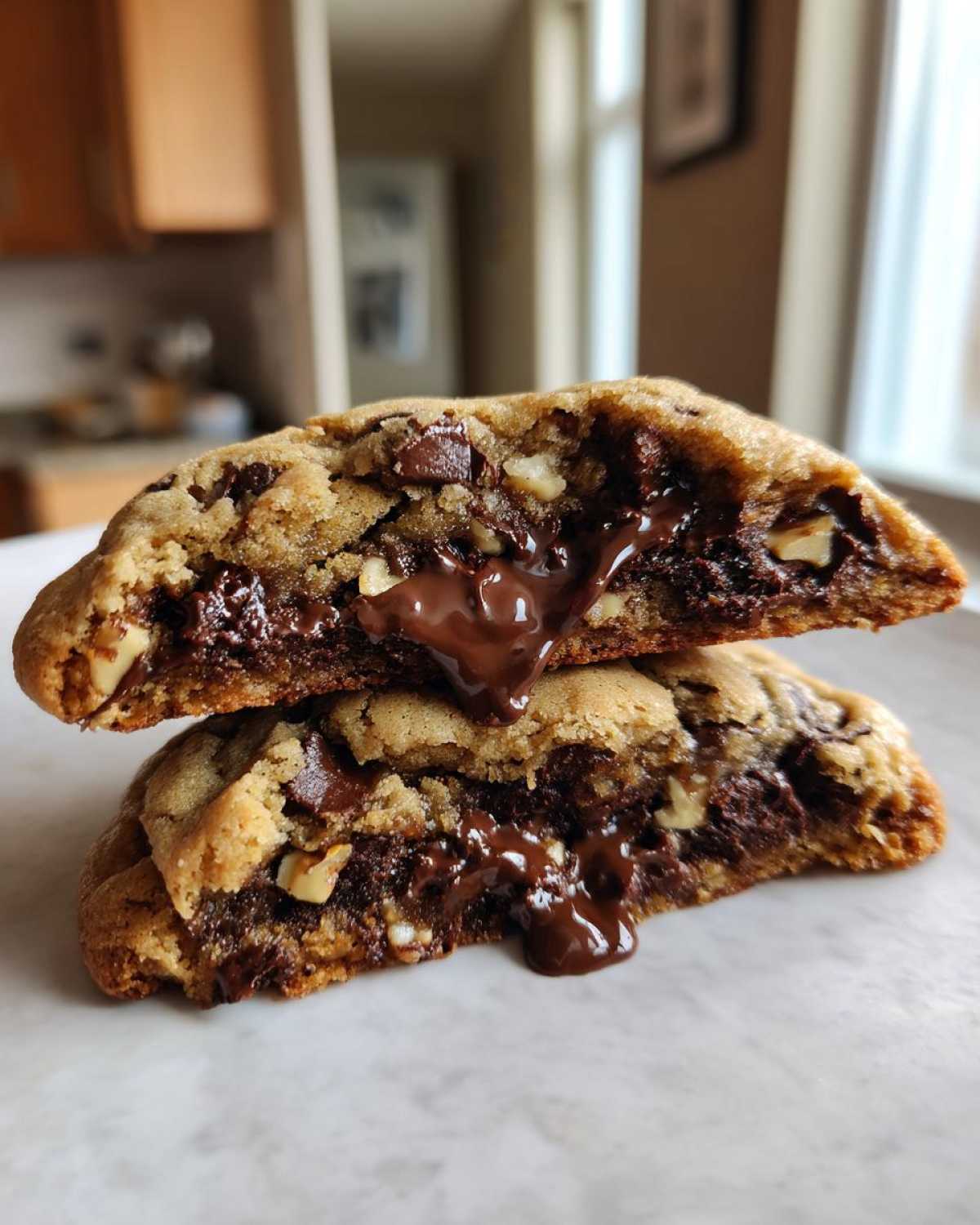 Two halves of a thick levain bakery chocolate chip cookie showing a gooey, melted chocolate center and chunks of nuts.