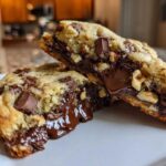 Close-up of a levain bakery chocolate chip cookie broken in half showing melted chocolate and walnuts.