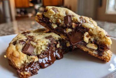 Close-up of a levain bakery chocolate chip cookie broken in half showing melted chocolate and walnuts.