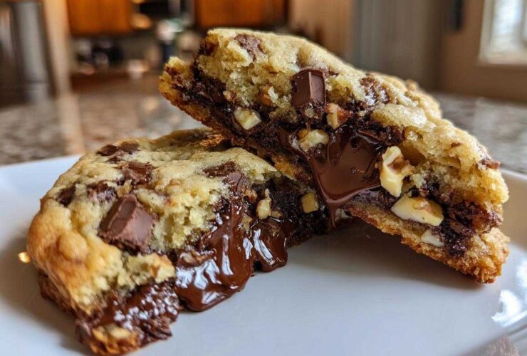 Close-up of a levain bakery chocolate chip cookie broken in half showing melted chocolate and walnuts.