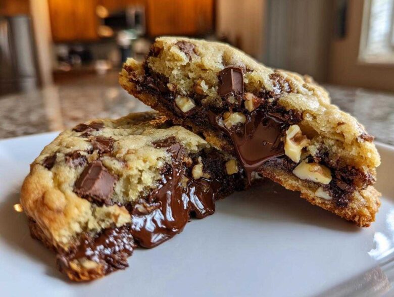 Close-up of a levain bakery chocolate chip cookie broken in half showing melted chocolate and walnuts.
