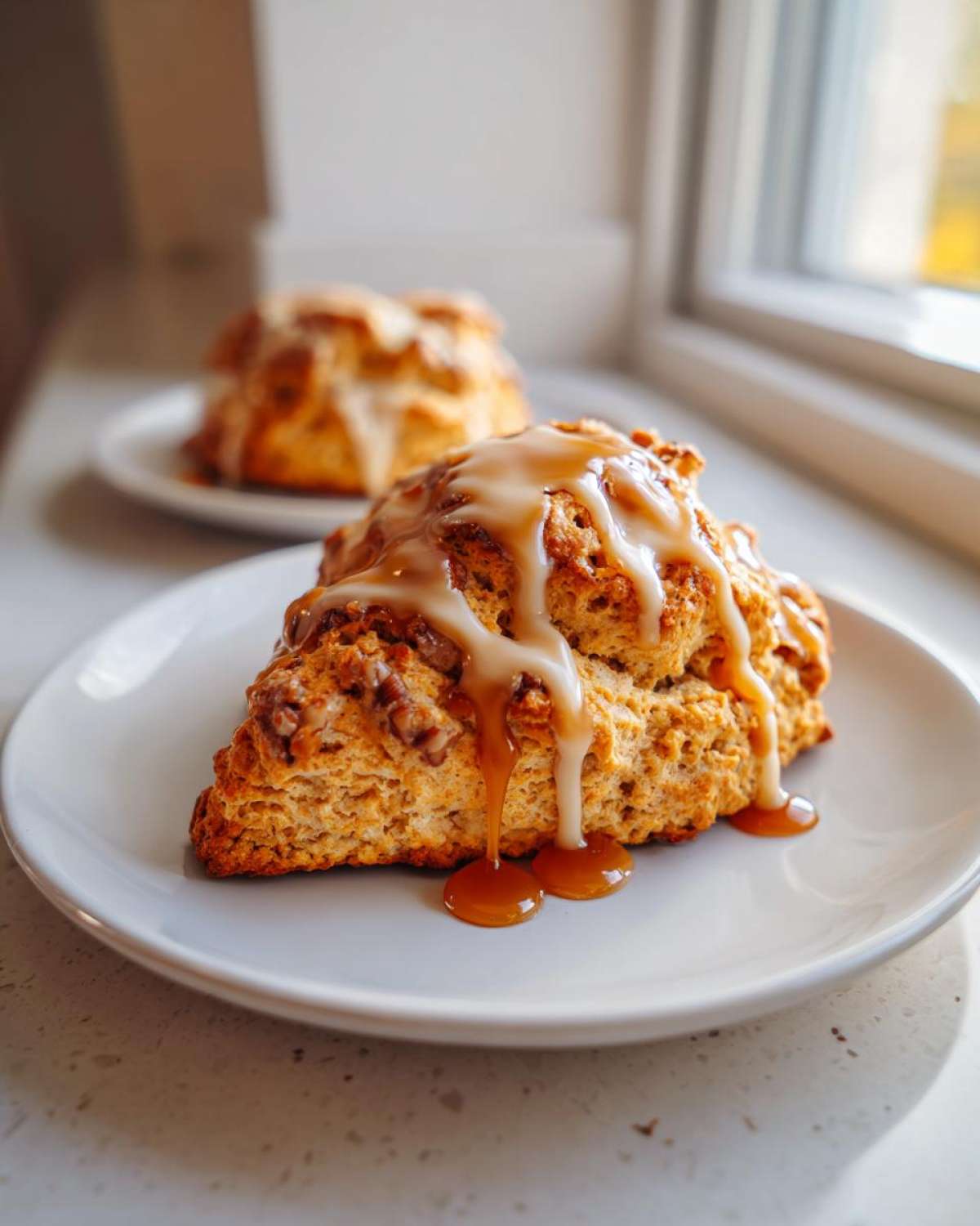 A close-up of a freshly baked Maple Pecan Scone drizzled with white icing and caramel sauce, sitting on a white plate.