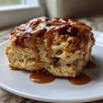 Close-up of a single Maple Pecan Scones square generously topped with dripping caramel sauce on a white plate.