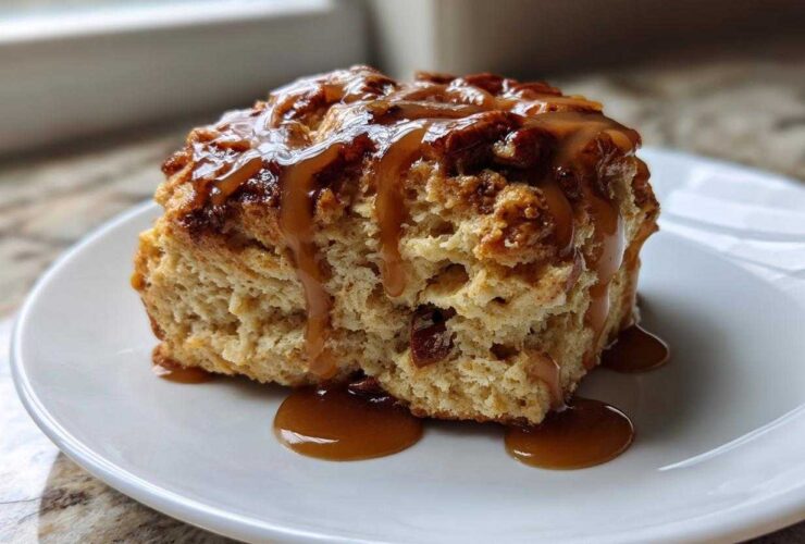 Close-up of a single Maple Pecan Scones square generously topped with dripping caramel sauce on a white plate.