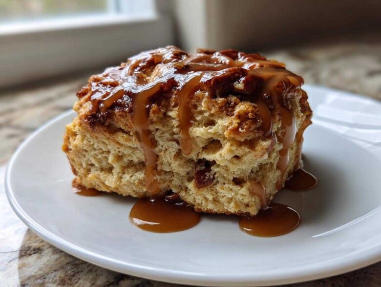 Close-up of a single Maple Pecan Scones square generously topped with dripping caramel sauce on a white plate.