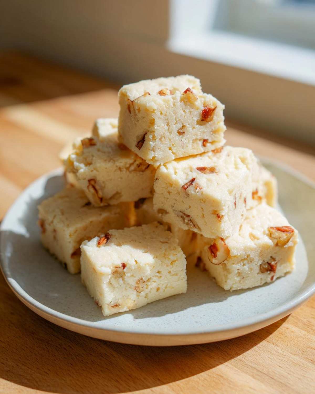 A stack of light, buttery Maple Pecan Shortbread Cookies squares dusted with chopped pecans on a small plate.