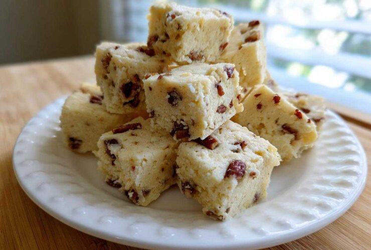 Close-up of several square Maple Pecan Shortbread Cookies stacked on a white plate.