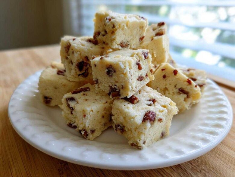 Close-up of several square Maple Pecan Shortbread Cookies stacked on a white plate.
