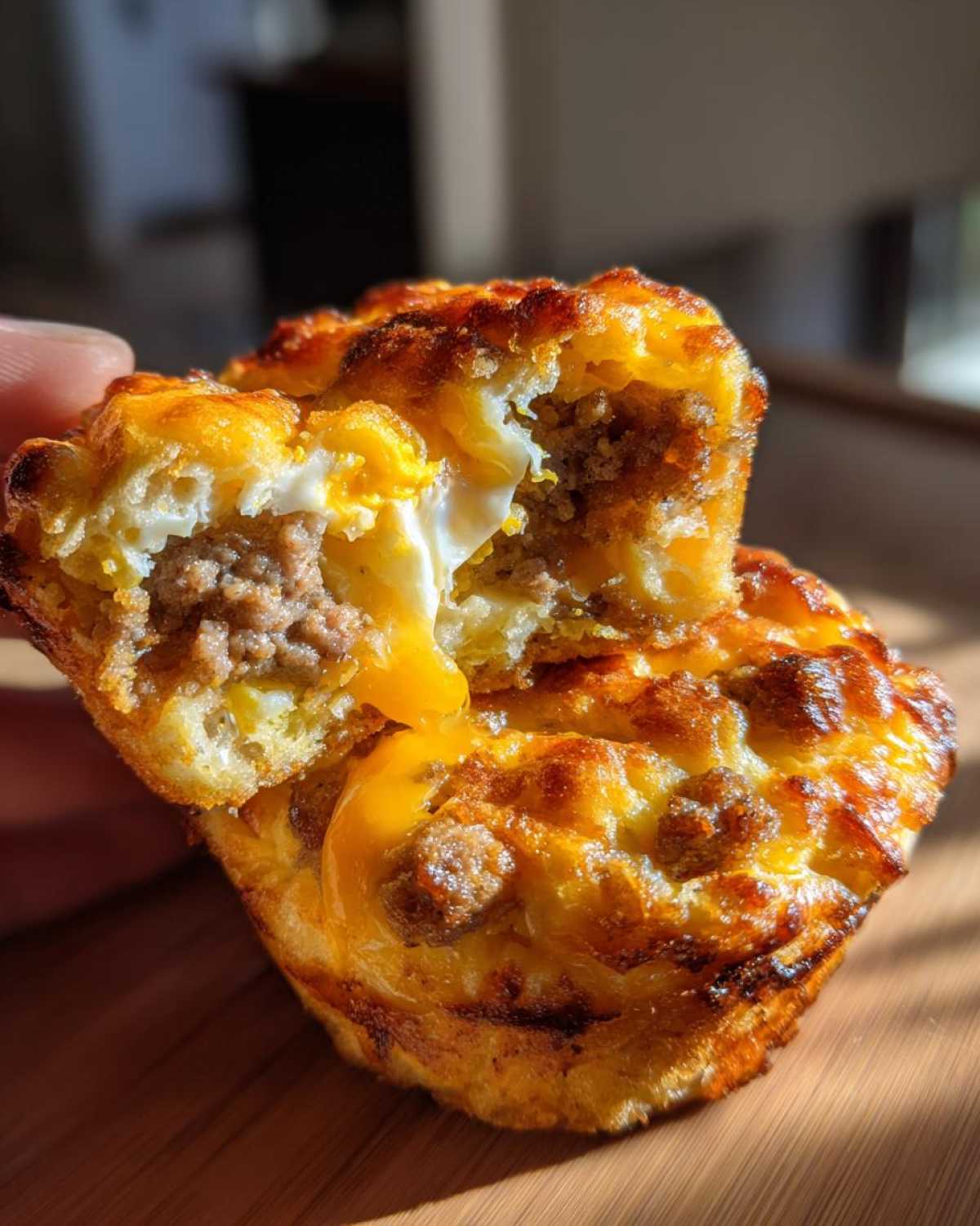 Close-up of a homemade McGriddle muffin cut in half, showing melted cheese, egg, and sausage filling.