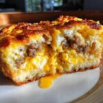 Close-up of a savory McGriddle muffins cross-section showing fluffy scrambled eggs, sausage crumbles, and a golden, cheesy top.
