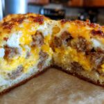Close-up of a McGriddle muffin cut in half, revealing layers of sausage, scrambled egg, and melted cheese inside a soft bun.