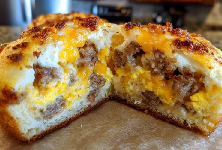 Close-up of a McGriddle muffin cut in half, revealing layers of sausage, scrambled egg, and melted cheese inside a soft bun.