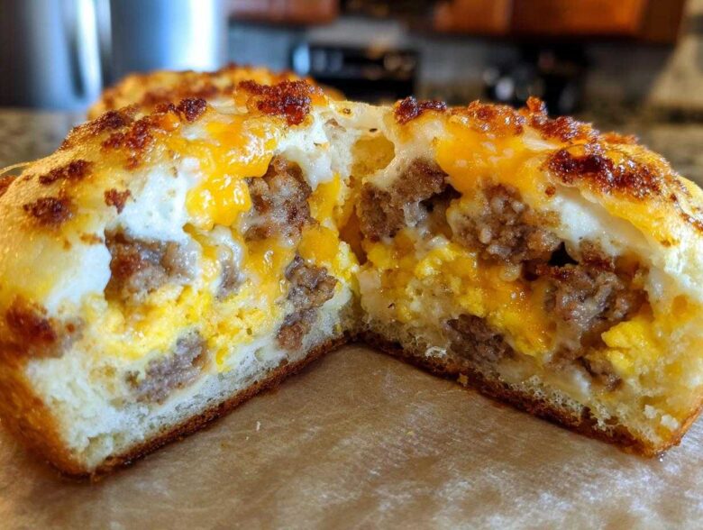 Close-up of a McGriddle muffin cut in half, revealing layers of sausage, scrambled egg, and melted cheese inside a soft bun.