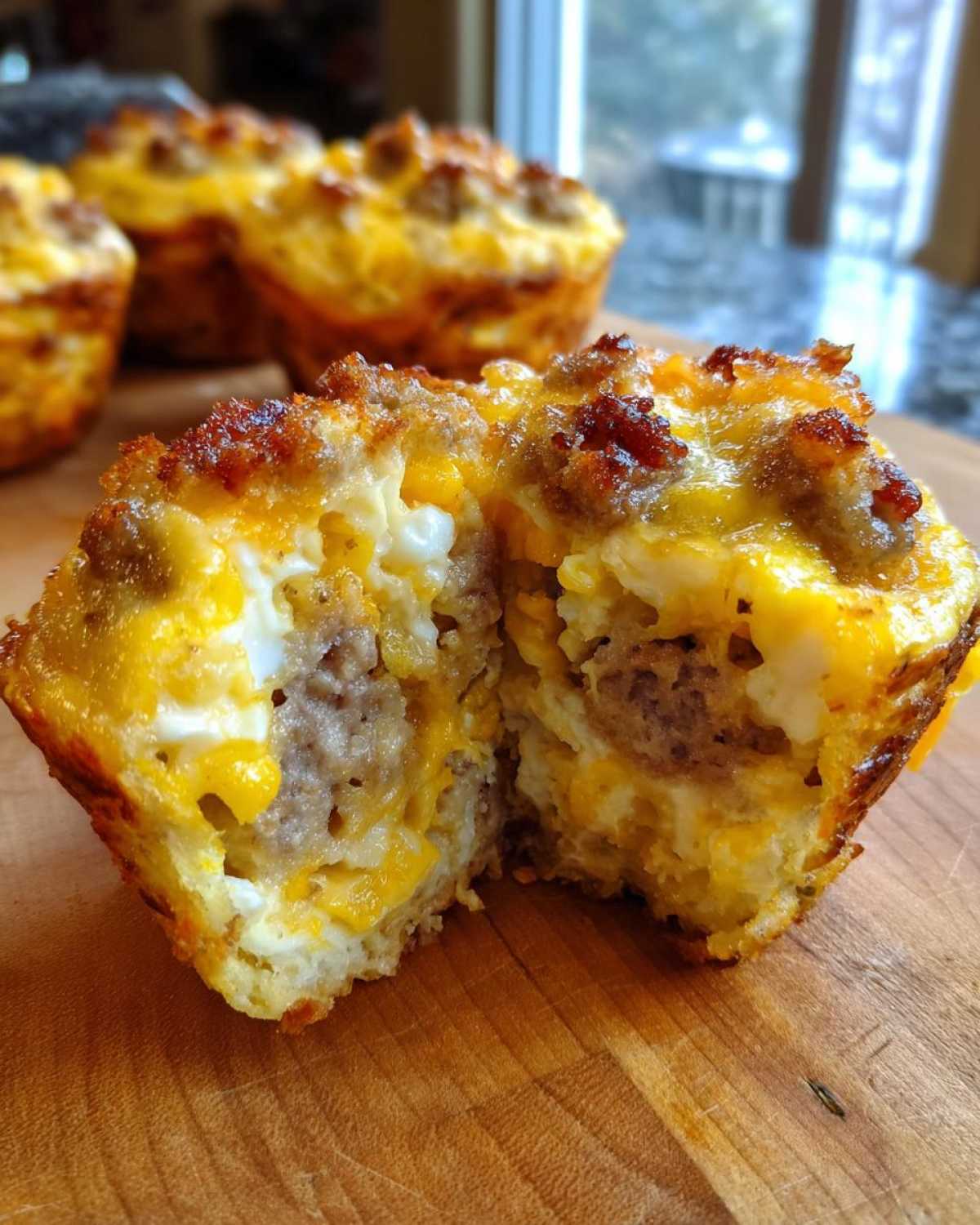 A close-up of a McGriddle muffin cut in half, showing sausage, egg, and melted cheese filling.