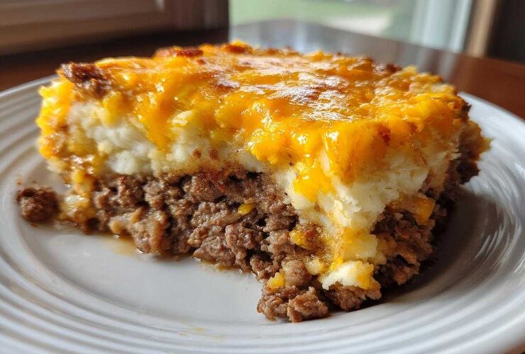 A hearty slice of meatloaf casserole featuring a ground meat base topped with mashed potatoes and melted cheddar cheese.