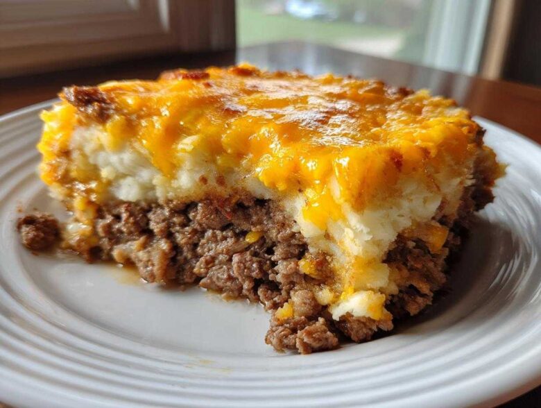 A hearty slice of meatloaf casserole featuring a ground meat base topped with mashed potatoes and melted cheddar cheese.