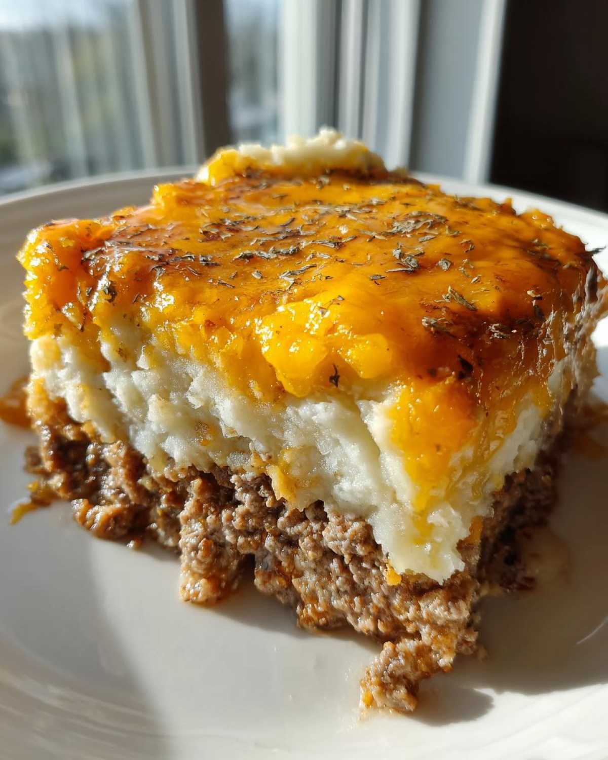 A thick slice of meatloaf casserole featuring a ground meat base, mashed potatoes, and melted cheddar cheese topping.