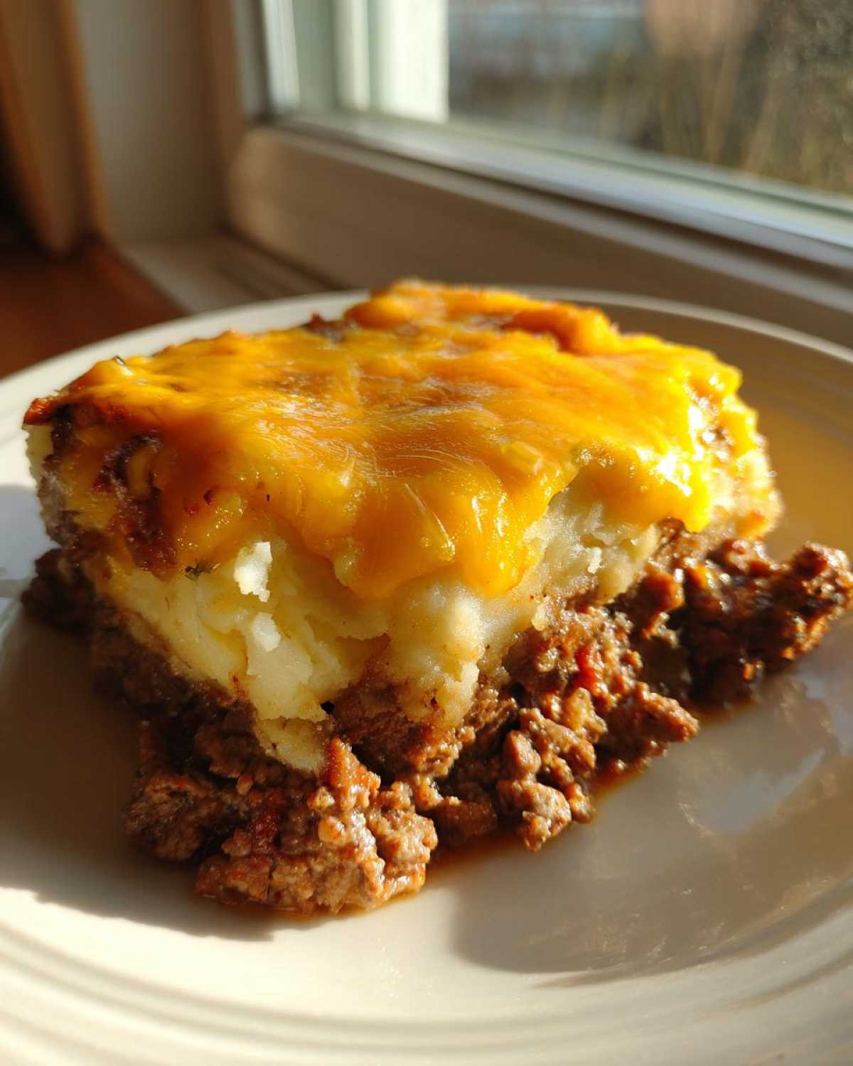A close-up serving of meatloaf casserole featuring a layer of seasoned ground meat topped with mashed potatoes and melted cheddar cheese.