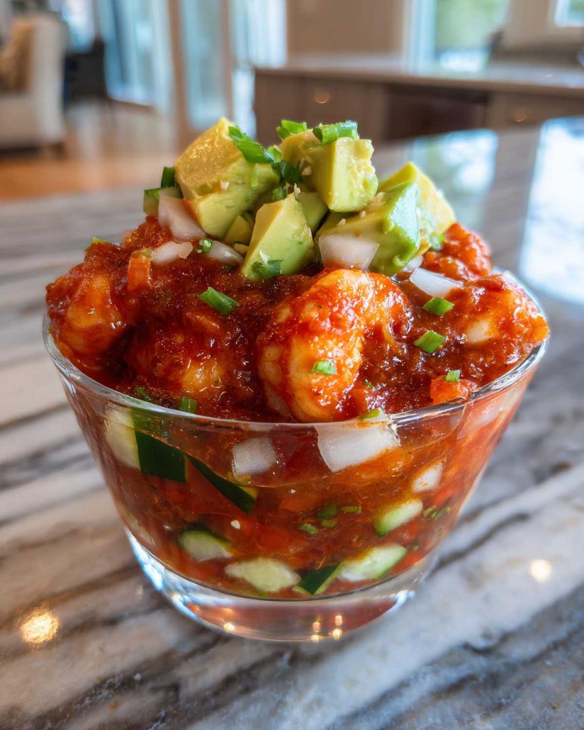 Close-up of a glass bowl filled with vibrant Mexican shrimp cocktail, topped with diced avocado, onion, and green onion.