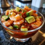Close-up of vibrant Mexican shrimp cocktail featuring plump shrimp, avocado chunks, and cucumber in a rich tomato sauce.