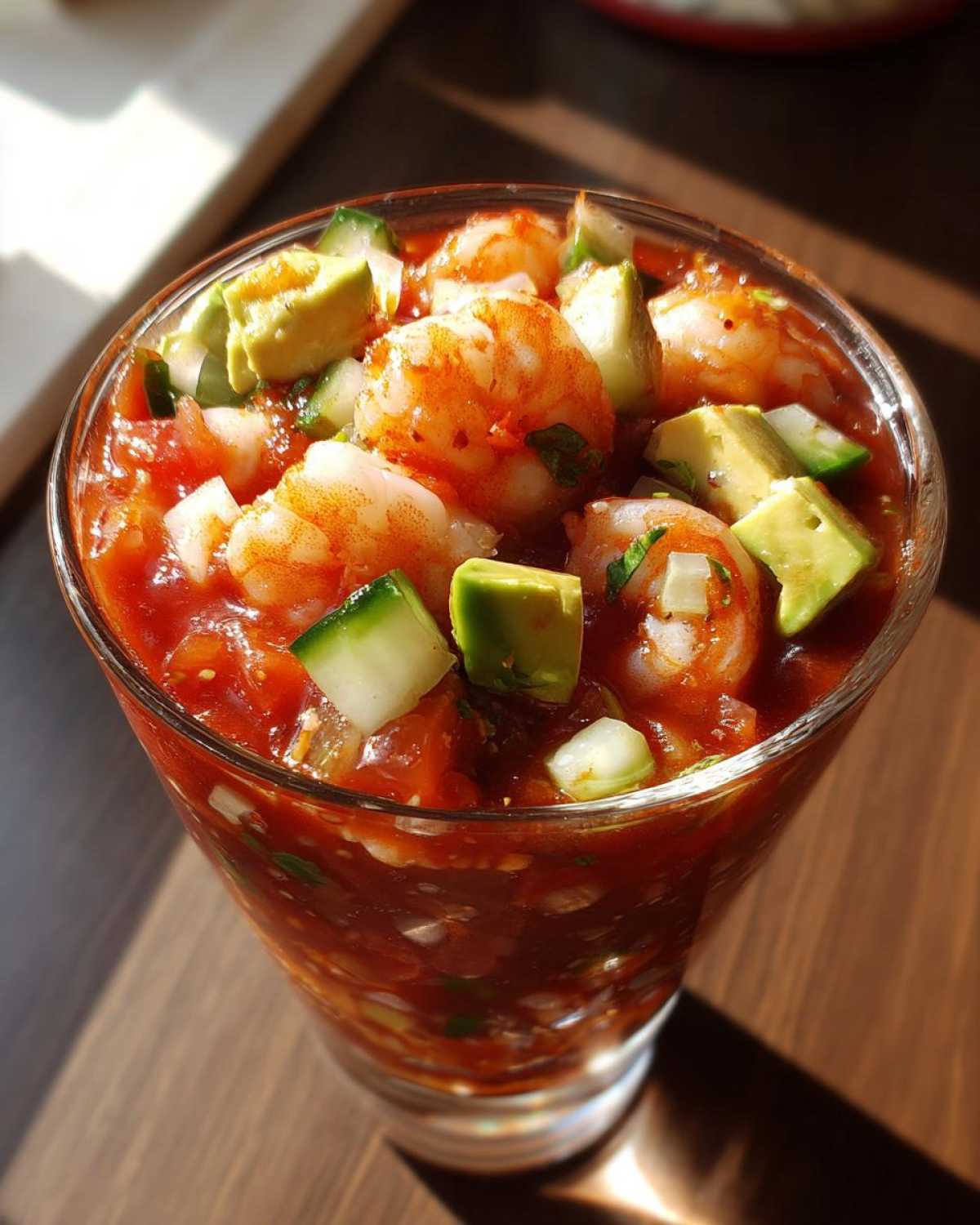 A vibrant glass filled with Mexican shrimp cocktail, featuring plump shrimp, avocado chunks, and cucumber in a rich tomato sauce.
