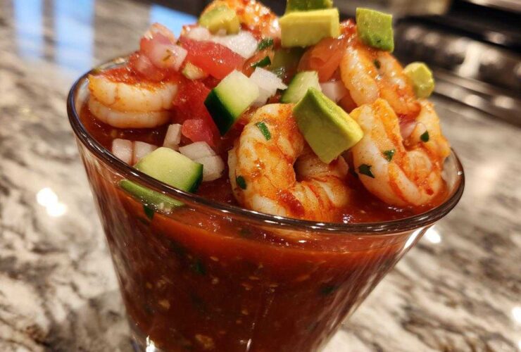Close-up of a glass filled with vibrant Mexican shrimp cocktail, featuring plump shrimp, tomato sauce, avocado, and diced vegetables.