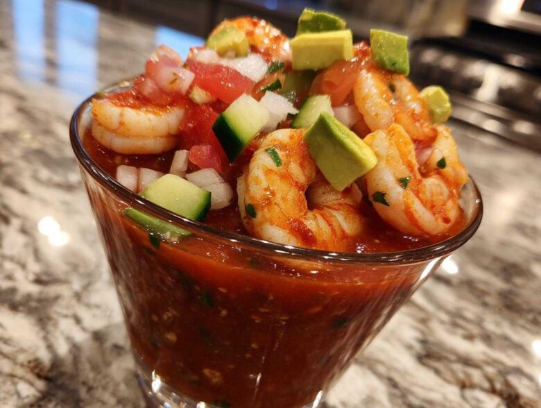 Close-up of a glass filled with vibrant Mexican shrimp cocktail, featuring plump shrimp, tomato sauce, avocado, and diced vegetables.