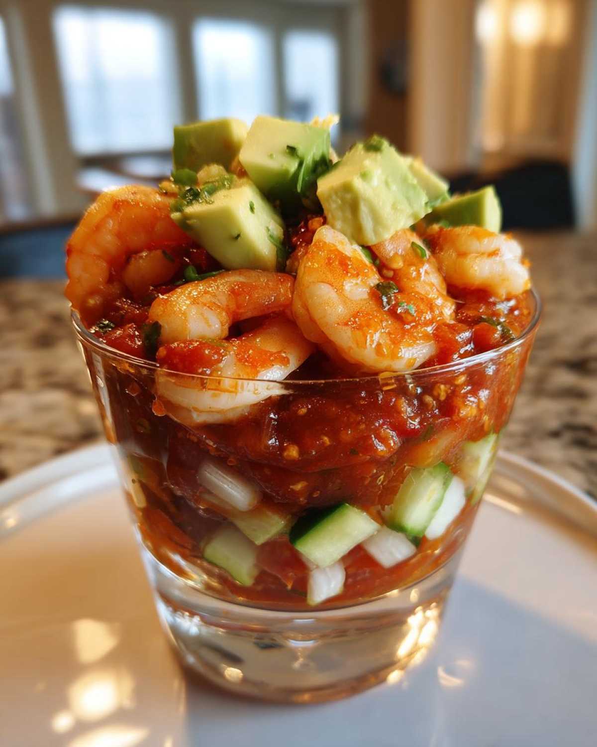 Close-up of Mexican shrimp cocktail served in a glass, topped with large shrimp and diced avocado.