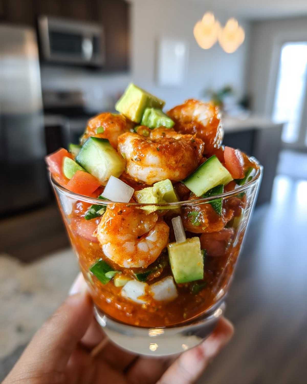 A close-up of Mexican shrimp cocktail served in a glass, featuring seasoned shrimp, avocado, cucumber, and tomato chunks.