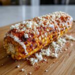 Close-up of grilled Mexican street corn slathered in crema, cotija cheese, and chili powder.