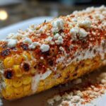Close-up of grilled Mexican street corn slathered in cream, sprinkled generously with Cotija cheese and chili powder.