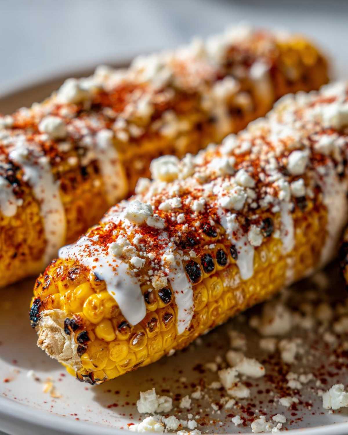 Close-up of grilled Mexican street corn slathered with white sauce, crumbled cheese, and chili powder.