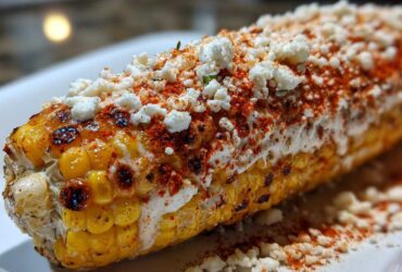 Close-up of grilled Mexican street corn slathered in cream, sprinkled generously with Cotija cheese and chili powder.