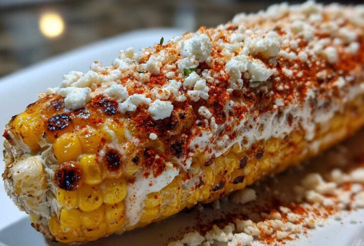 Close-up of grilled Mexican street corn slathered in cream, sprinkled generously with Cotija cheese and chili powder.