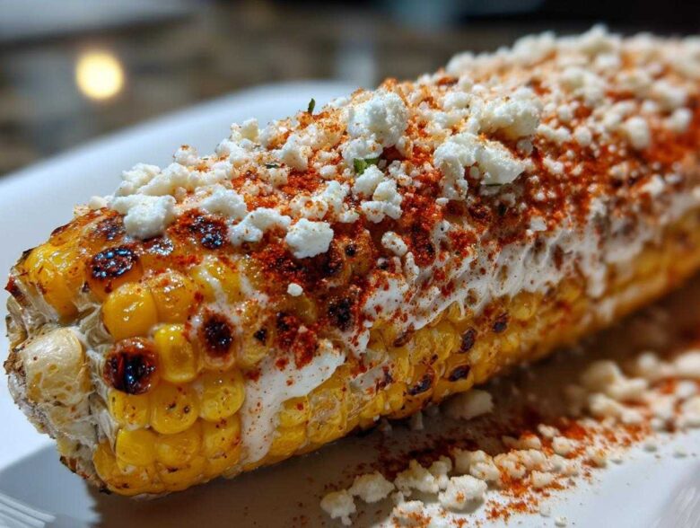 Close-up of grilled Mexican street corn slathered in cream, sprinkled generously with Cotija cheese and chili powder.