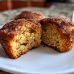 Close-up of Mini Apple Cider Donut Muffins, one cut in half showing the moist interior and cinnamon sugar topping.