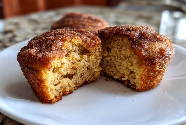 Close-up of Mini Apple Cider Donut Muffins, one cut in half showing the moist interior and cinnamon sugar topping.