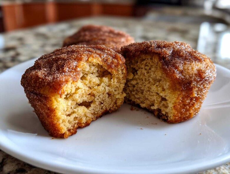 Close-up of Mini Apple Cider Donut Muffins, one cut in half showing the moist interior and cinnamon sugar topping.