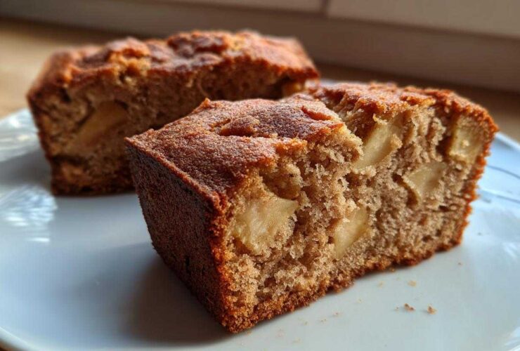 Close-up of two slices of moist apple cinnamon cake showing tender crumb and chunks of baked apple.