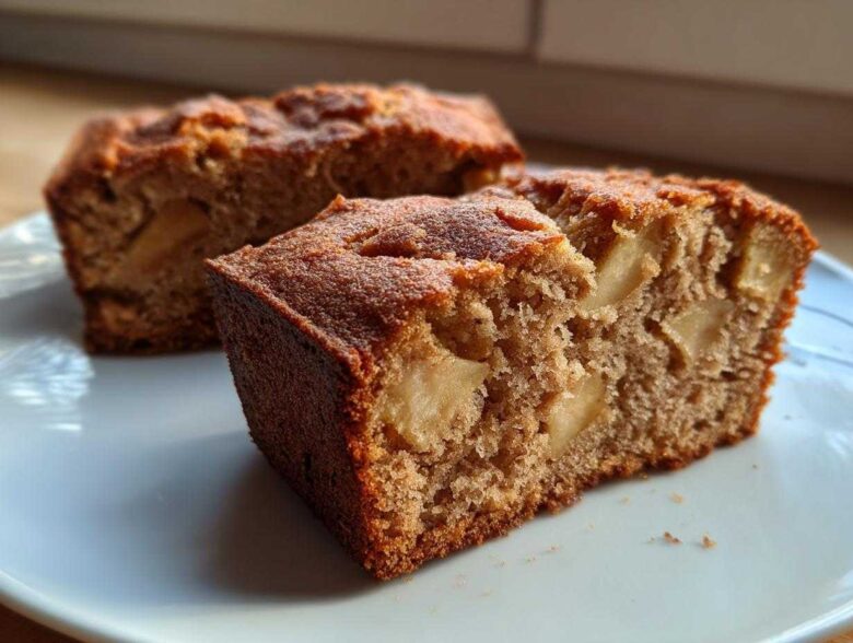 Close-up of two slices of moist apple cinnamon cake showing tender crumb and chunks of baked apple.