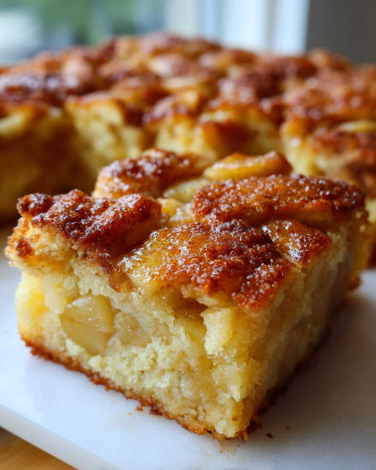 A close-up shot of a moist slice of apple pie dump cake showing tender cake texture and caramelized apple topping.