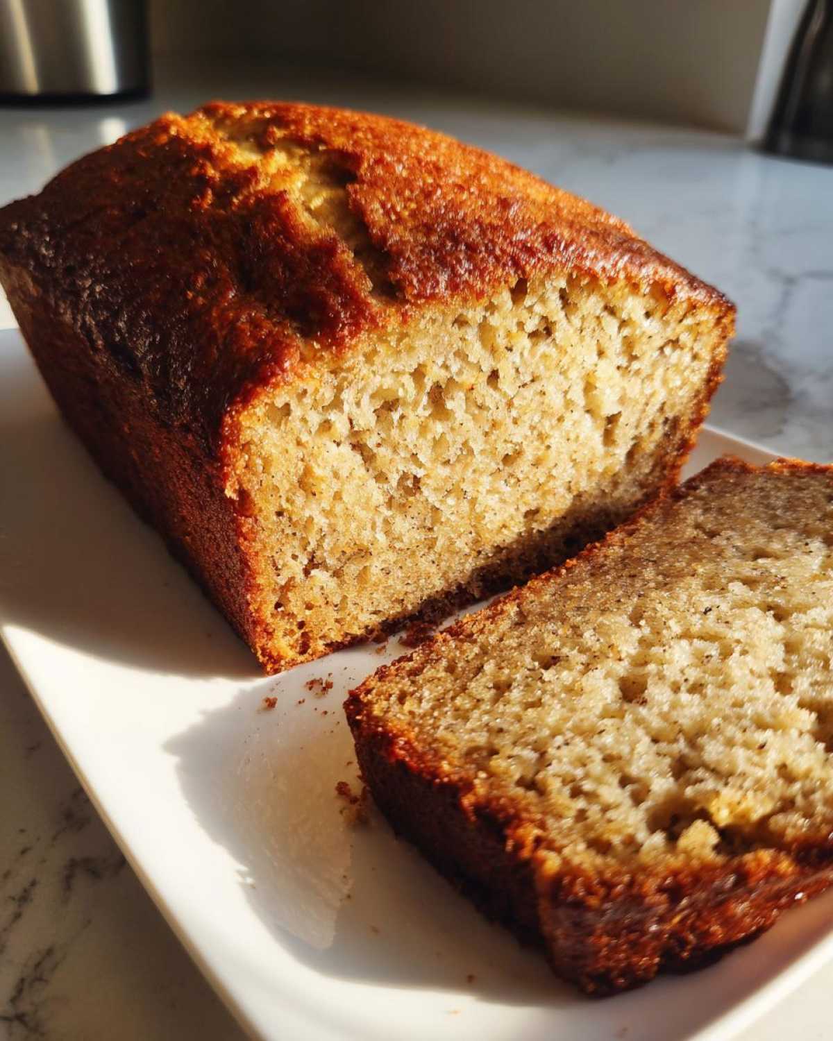 Close-up of a freshly baked loaf of banana bread recipe, with one thick slice cut and resting beside it.