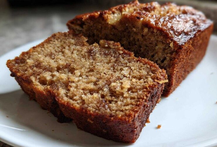 Close-up of two moist slices cut from a loaf of golden brown banana bread recipe, showing a rich, speckled crumb.