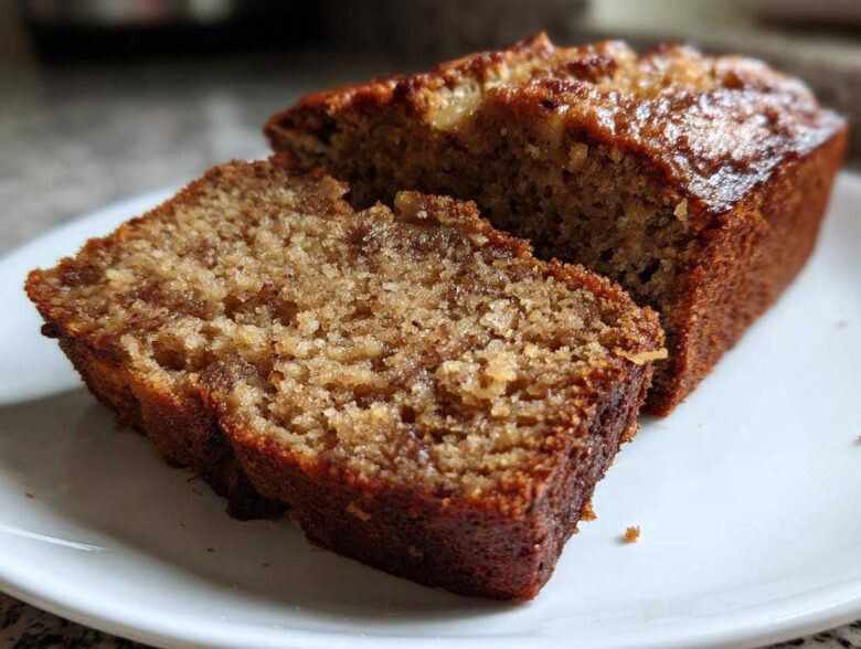 Close-up of two moist slices cut from a loaf of golden brown banana bread recipe, showing a rich, speckled crumb.